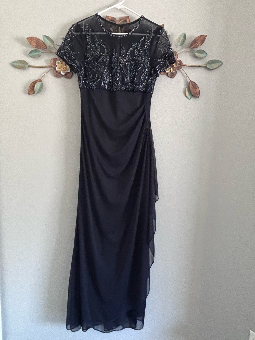 Xscape Navy Beaded Evening Dress with Sheer Yoke